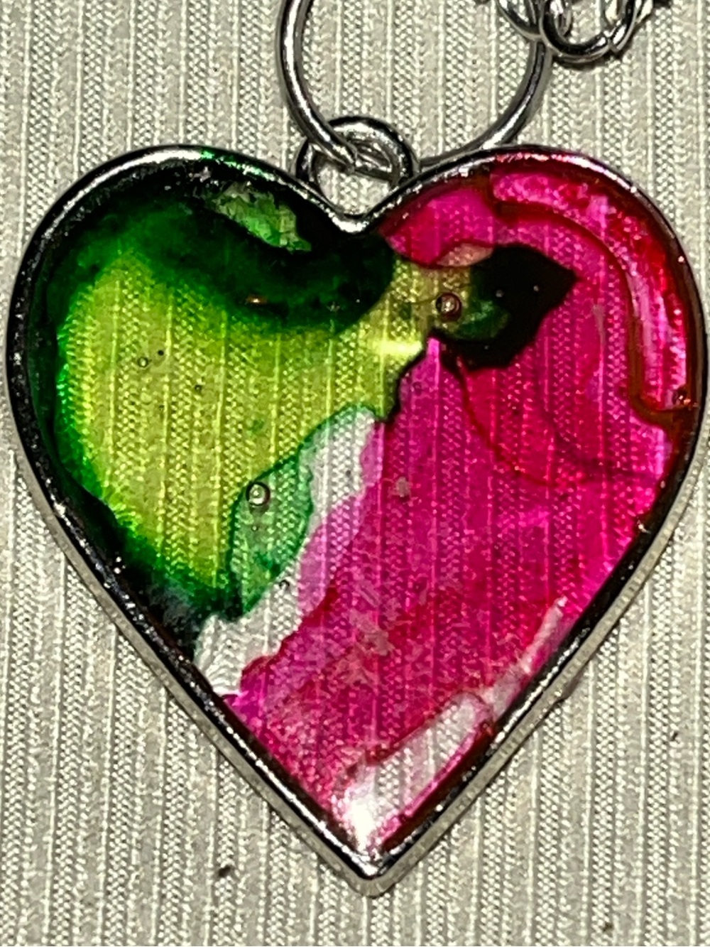 Handmade Pink & Green Heart Pendant Necklace OOAK Artisan Jewelry